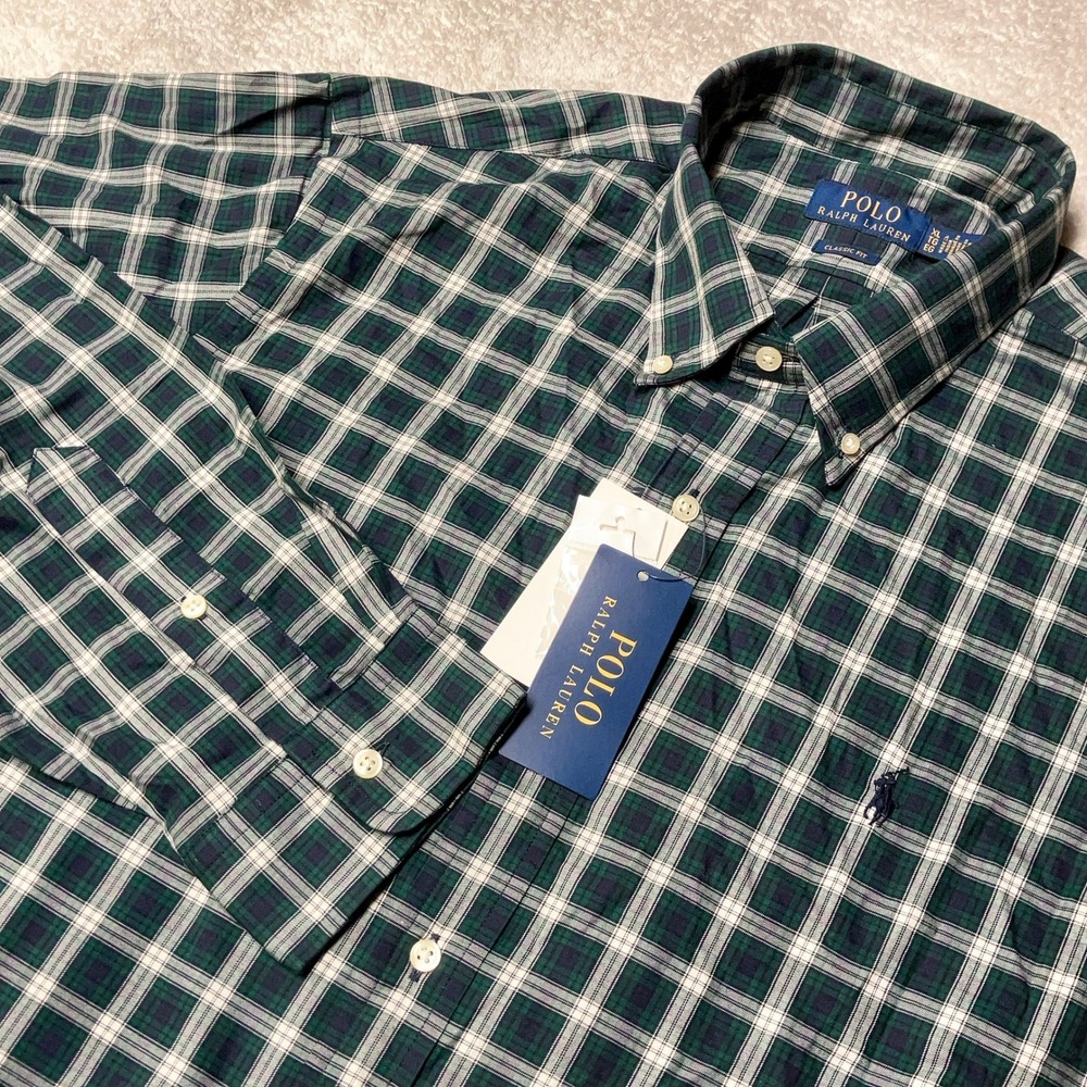 NWT Polo Ralph Lauren Button Down Shirt Green Plaid Pony Classic Fit Mens XL